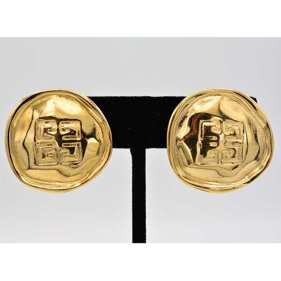Givenchy Vintage Logo Clip On Earrings 4G Gold Chunky Signed NOS 1980s BinAF - Picture 1 of 12